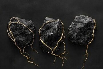 Dark stones, gold veins. Three rough black stones, each with a network of gold veins or roots, forming a decorative arrangement on a black background