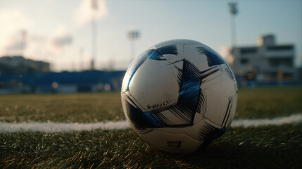 A slightly used soccer ball rests near a white line on a green soccer field du a warm evening sunset, with stadium seating and buildings in the background.