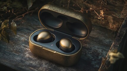 Golden wireless earbuds case on a rustic wooden surface.