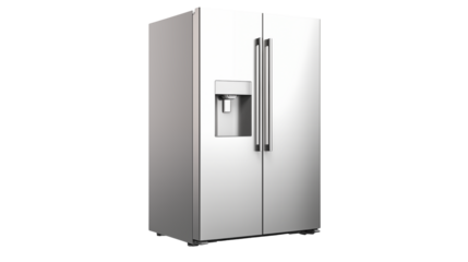 Isolated stainless steel side by side refrigerator with water dispenser isolated on transparent background	