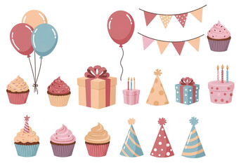 Cute Birthday Party Supplies Collection Transparent Background PNG. A set of birthday party items, including balloons, cupcakes, gift boxes, birthday cakes, party hats, and banners.