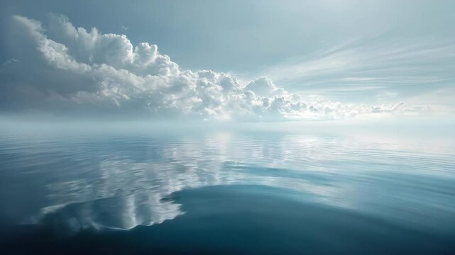 Calm seascape with a clear ocean surface reflecting fluffy clouds against a bright sky creating a tranquil atmosphere.