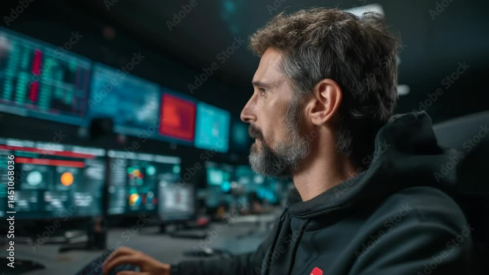 Poster man monitors screens with complex data, analyzing security information in the control room, working 