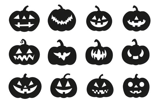 Collection of carved Halloween pumpkins with varied expressions and spooky silhouettes