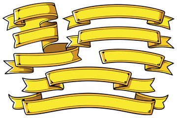 Set of yellow ribbon banners in various styles, big decorative ribbons ideal for promotions or events, icon set