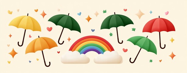 Cheerful Pixel Art Rainbow and Colorful Umbrellas on Beige Background,International Day Against Homophobia