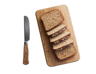 Sliced bread with seeds arranged on a wooden board knife on the side close up