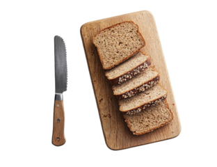 Sliced bread with seeds arranged on a wooden board knife on the side close up