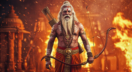 Arjuna from Mahabharata in White Hair and Indian Armor Holding Bow at Ancient Temple