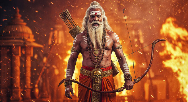 Arjuna from Mahabharata in White Hair and Indian Armor Holding Bow at Ancient Temple