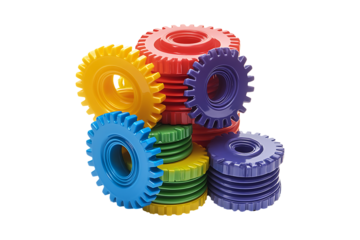 Colorful plastic toy gears  isolated on transparent background
