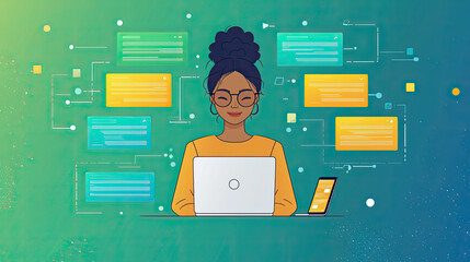 Woman working on a laptop with various digital notes