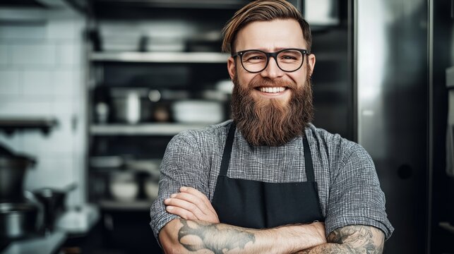 Smiling Chef Portrait: A cheerful chef with a full beard and glasses, sporting arm tattoos, stands confidently in his kitchen, arms crossed, radiating warmth and professionalism.