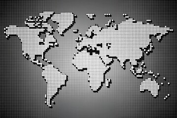 world map in grayscale, made from pixelated blocks, offering a unique and stylish representation of global geography