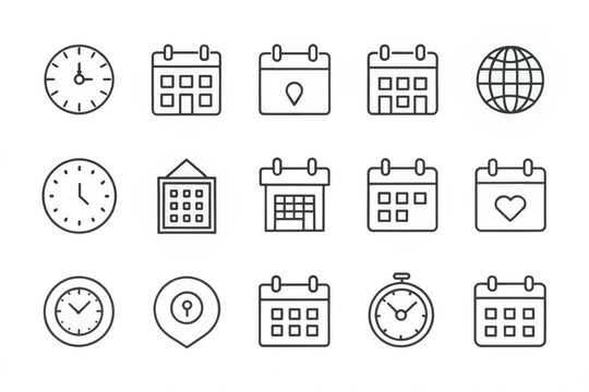 time management, calendar, location tracking, and clock for professional design projects icon set