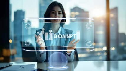 Businesswoman interacting with holographic interface in modern office, futuristic technology, professional setting - Powered by Adobe