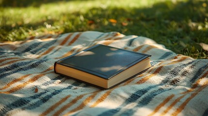 Closed book resting on a patterned blanket outdoors.