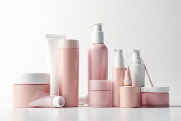 Various cosmetic tubes and containers against pure white backdrop, promotion, set, aesthetic
