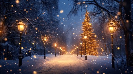 Magical Winter Night: Snowfall, Illuminated Christmas Tree, and Glowing Streetlamps