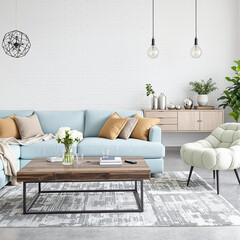 modern living room interior with light blue sofa and green accent chair