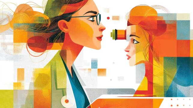 Optometrist Conducting Eye Exam with Patient Medical Illustration Featuring Vibrant Colors and