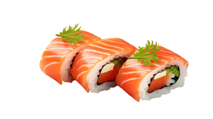 Close up shot of three pieces of salmon sushi roll with green garnish isolated on transparent background	