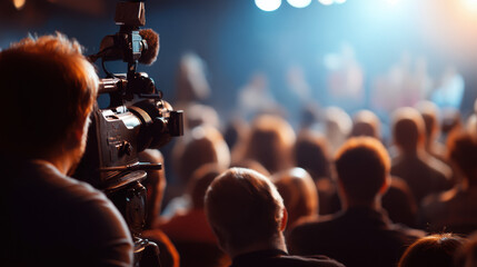 A cameraman filming a live event with an ence seated in the background bathed in stage lighting, creating a captivating atmosphere of entertainment and spectacle.