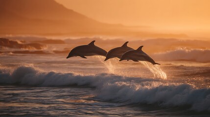 Dolphins leap from waves during golden hour light.