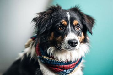 Fototapeta premium adorable tricolor australian shepherd puppy wearing plaid scarf