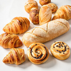 Fototapeta premium assortment of freshly baked croissants pastries and bread showcasing delectable textures and golden-brown hues