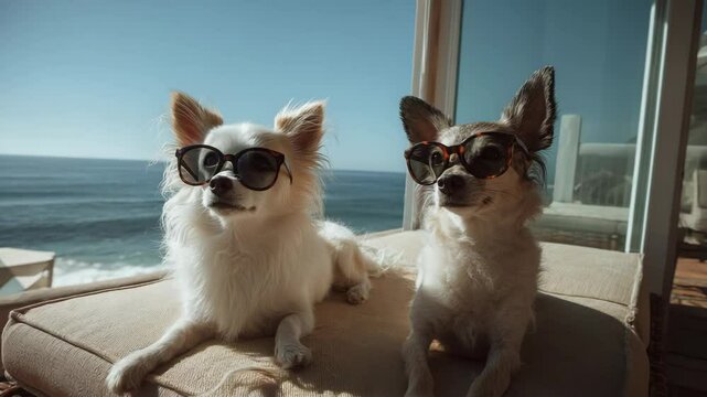 Two chihuahuas wearing sunglasses relaxing on a beachside lounge chair enjoying an ocean view and bright sunshine