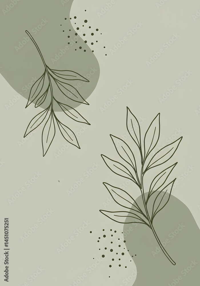 Poster elegant botanical composition with delicate line art leaves and subtle abstract shapes on a muted ba