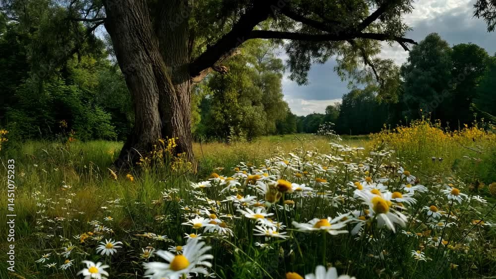 Poster meadow landscape with flowering daisies in a vibrant field and a large tree under an overcast sky, c
