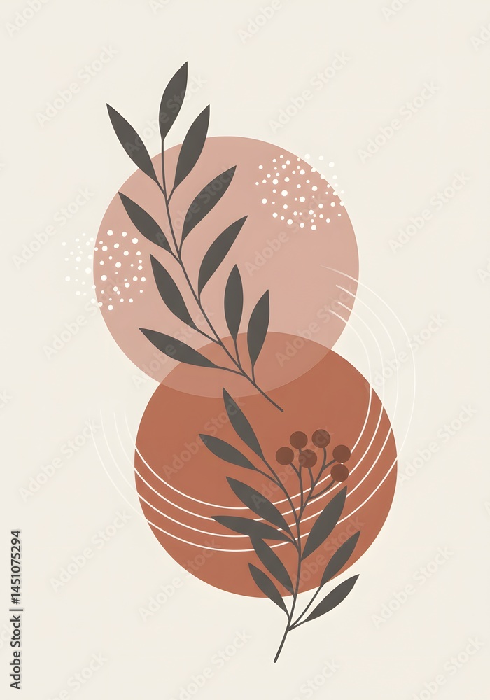 Poster minimalist botanical composition displaying serene color palette and balanced elements evoking gentl
