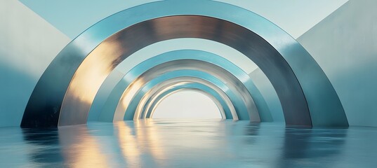 Obraz premium Modern geometric 3D architecture scene with metallic arch and minimal abstract design 