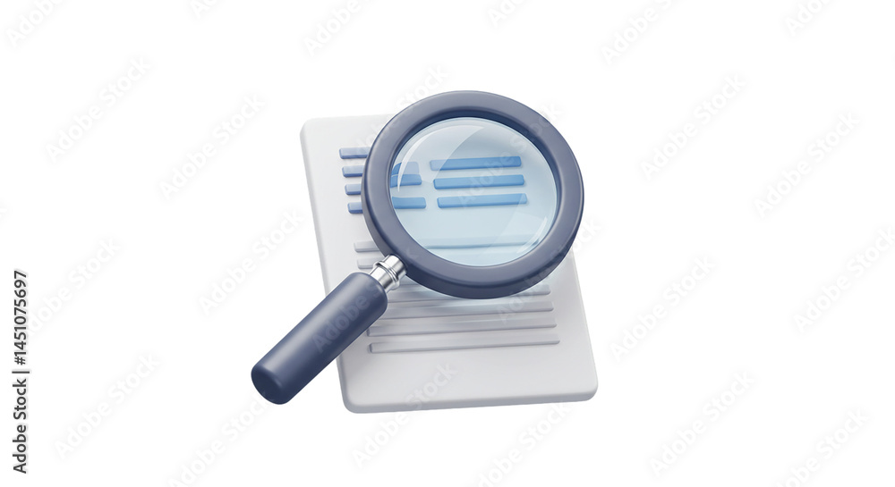 Poster a magnifying glass resting on a stack of papers with horizontal lines on a black background selling,