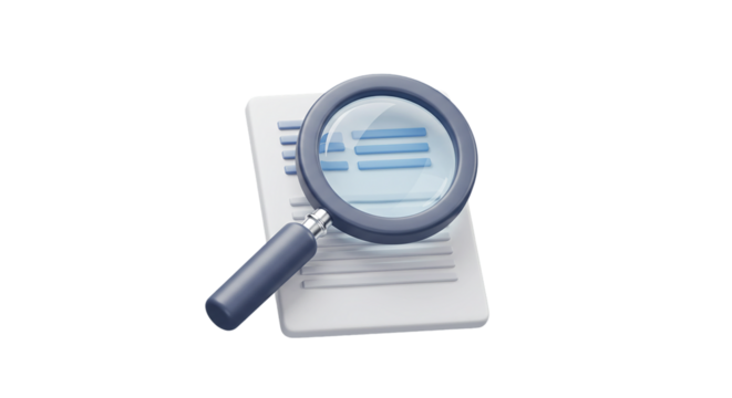White document icon with magnifier in blue tones isolated on white background, suitable for report analysis, file exploration, academic research, and software UI elements for review