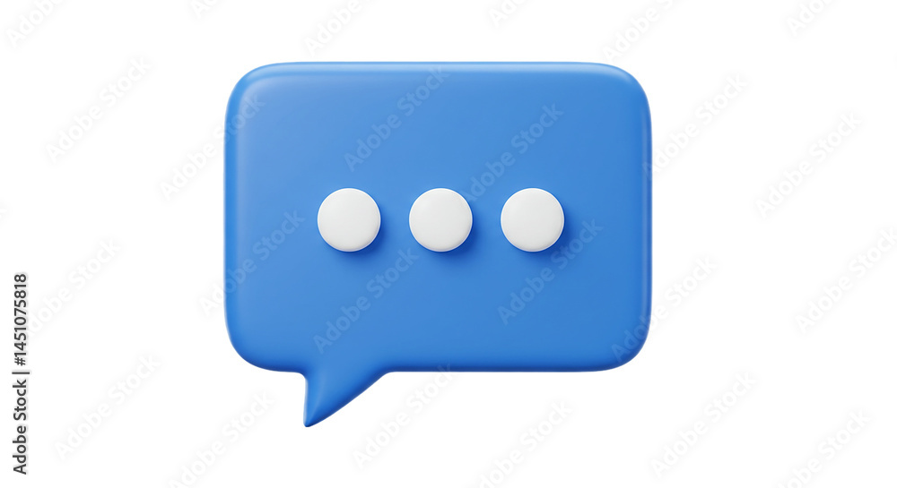 Poster blue speech bubble icon with typing dots in 3d isolated on white background, suitable for social med