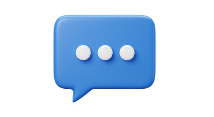 Blue speech bubble icon with typing dots in 3D isolated on white background, suitable for social media messaging, chatbot interaction, texting UI, and mobile conversation applications