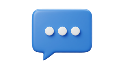 Blue speech bubble icon with typing dots in 3D isolated on white background, suitable for social media messaging, chatbot interaction, texting UI, and mobile conversation applications