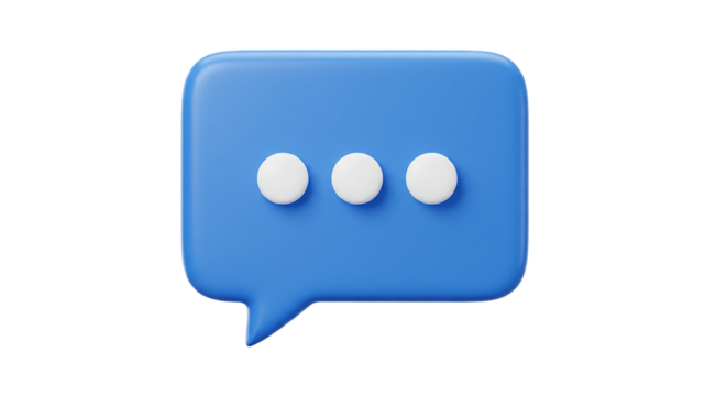Blue speech bubble icon with typing dots in 3D isolated on white background, suitable for social media messaging, chatbot interaction, texting UI, and mobile conversation applications - Powered by Adobe