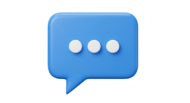 3D blue chat bubble icon with three dots isolated on white background, perfect for messaging apps, online conversation tools, customer support UI, and real-time communication graphics