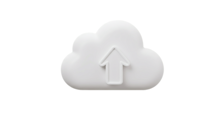 3D white cloud with upward arrow icon isolated on white background, ideal for cloud storage platforms, file upload systems, online backup services, and digital data transfer visuals