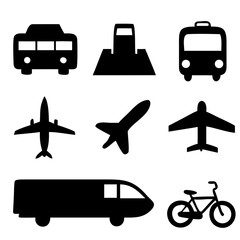 Vector illustration of simple monochromatic vehicle and transport related icons.Transportation and vehicle icons pack. Isolated transportation and vehicle symbols collection. Graphic icons element
