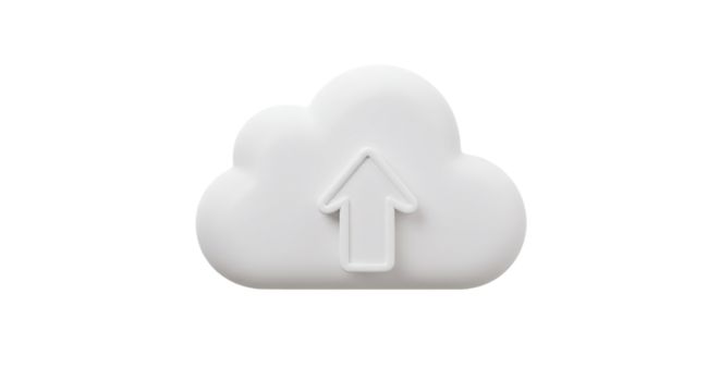3D white cloud with upward arrow icon isolated on white background, ideal for cloud storage platforms, file upload systems, online backup services, and digital data transfer visuals