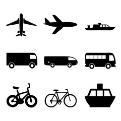 Vector illustration of simple monochromatic vehicle and transport related icons.Transportation and vehicle icons pack. Isolated transportation and vehicle symbols collection. Graphic icons element

