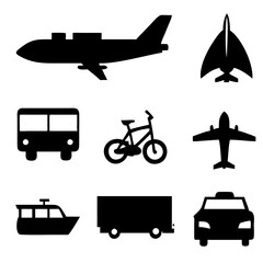 Vector illustration of simple monochromatic vehicle and transport related icons.Transportation and vehicle icons pack. Isolated transportation and vehicle symbols collection. Graphic icons element
