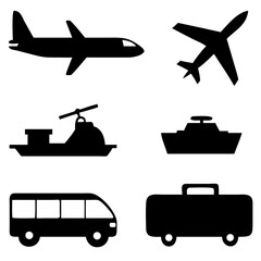 Vector illustration of simple monochromatic vehicle and transport related icons.Transportation and vehicle icons pack. Isolated transportation and vehicle symbols collection. Graphic icons element
