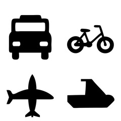 Vector illustration of simple monochromatic vehicle and transport related icons.Transportation and vehicle icons pack. Isolated transportation and vehicle symbols collection. Graphic icons element
