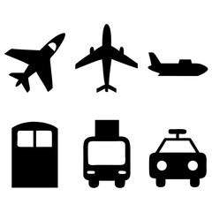 Vector illustration of simple monochromatic vehicle and transport related icons.Transportation and vehicle icons pack. Isolated transportation and vehicle symbols collection. Graphic icons element
